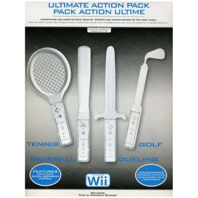 Ultimate Action Pack for Wii. Includes a Tennis Racket, Baseball Bat, Z Sword and Extendable Golf Club.